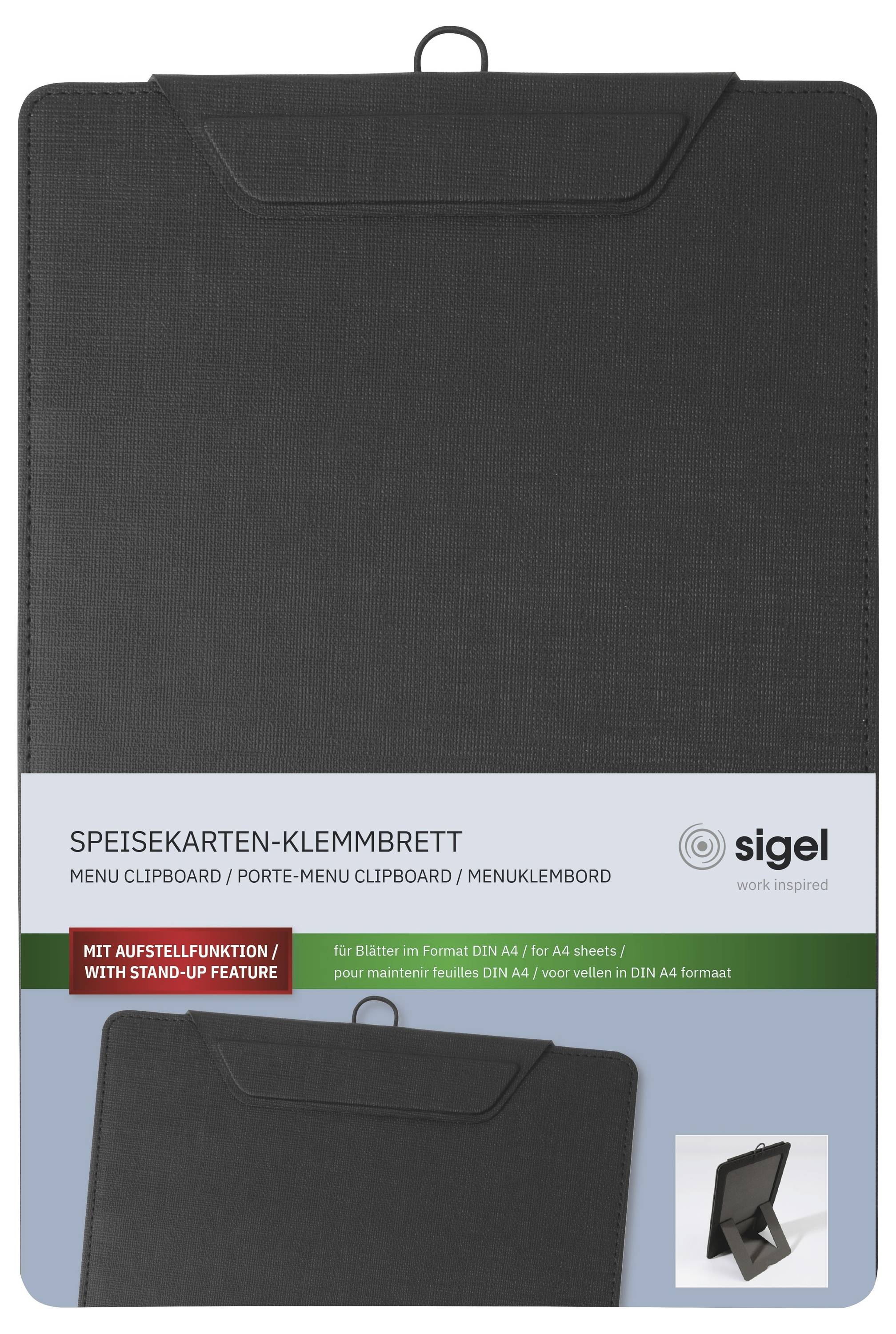 Fekete menü vágólap mappa a Sigeltől állványozható funkcióval, a termékcsomagoláson látható felcímkézett elölappal és kicsi összehajtható talppal besatírozott.