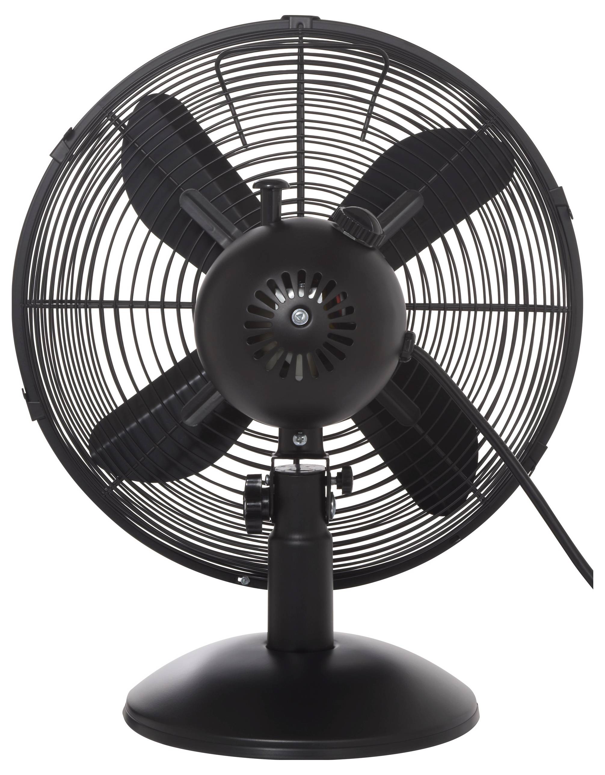 Egy fekete elektromos asztali ventilátor, fém ráccsal és négy lapáttal, elölnézetben.
