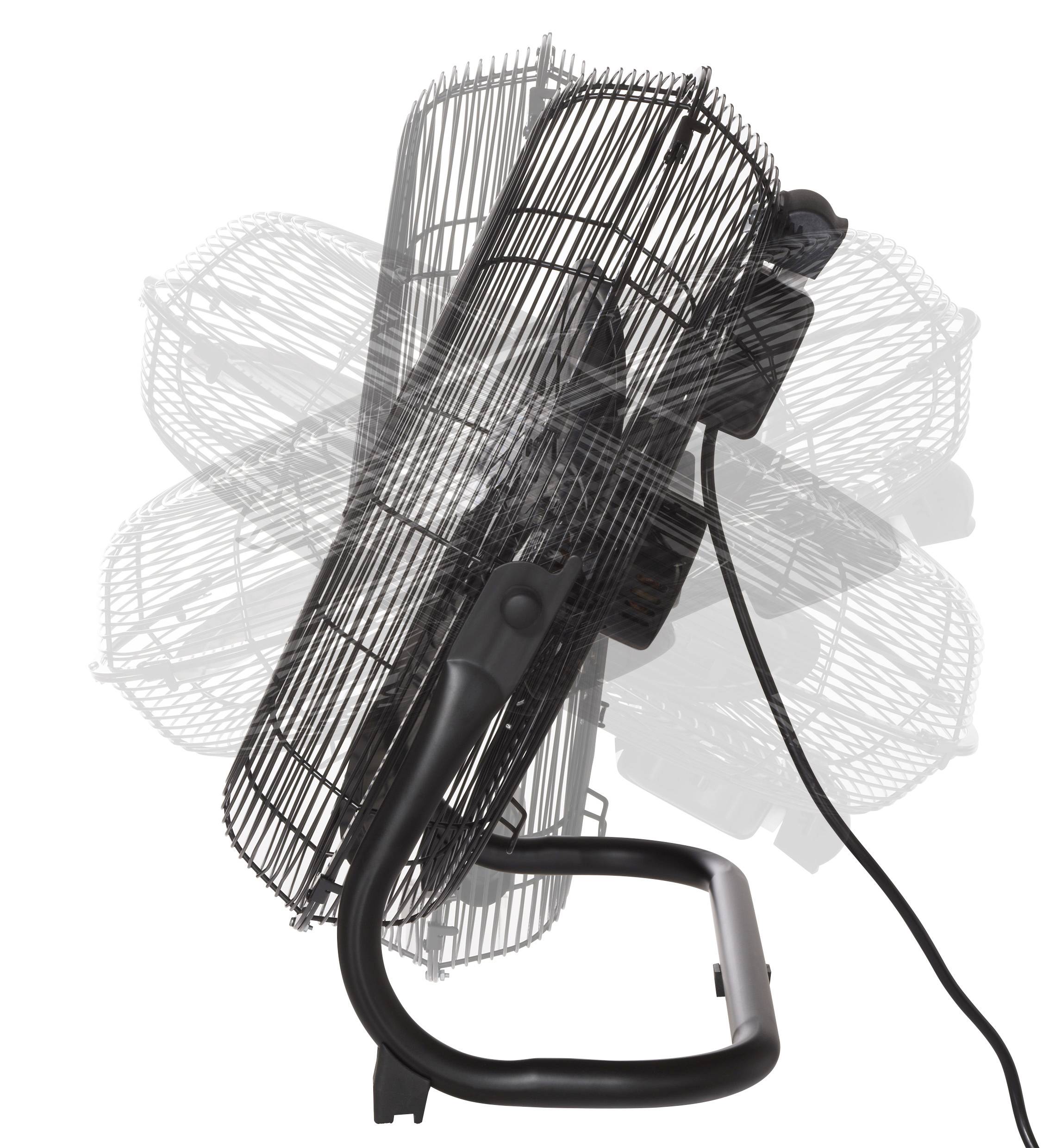 Oldalról látható oszcilláló asztali ventilátor, több árnyékkal, amely bemutatja állítható dőlésszögét és billentési funkcióját a jobb légáramlás érdekében.