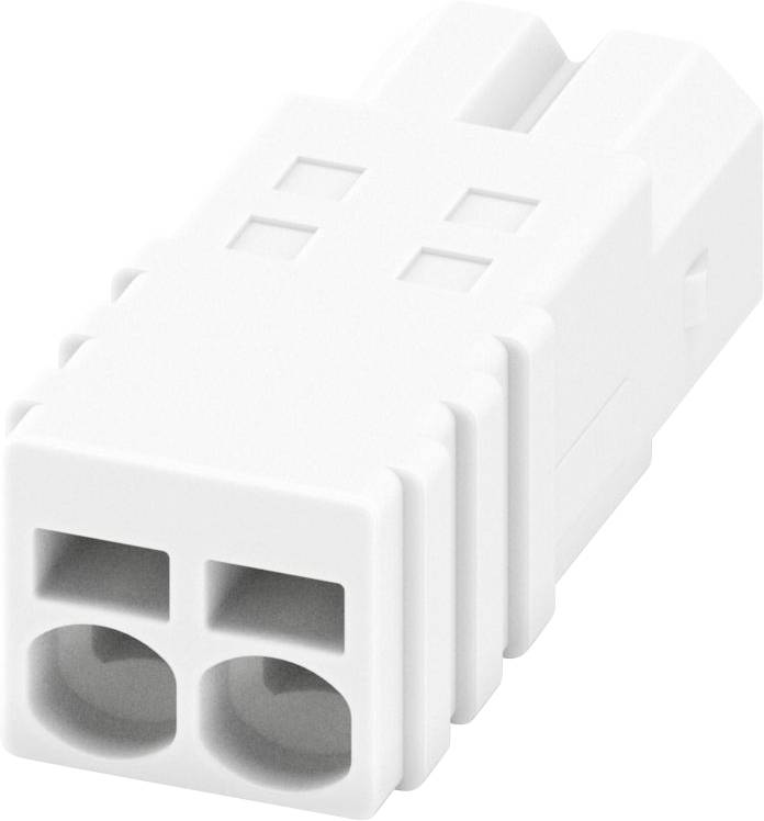 Egy fehér elektromos csatlakozó, amely két négyzet alakú nyílással rendelkezik a csatlakozók számára. Bordázott oldalai és téglalap alakú teste van, amelyet gyakran használnak áramellátási kapcsolatokhoz.
