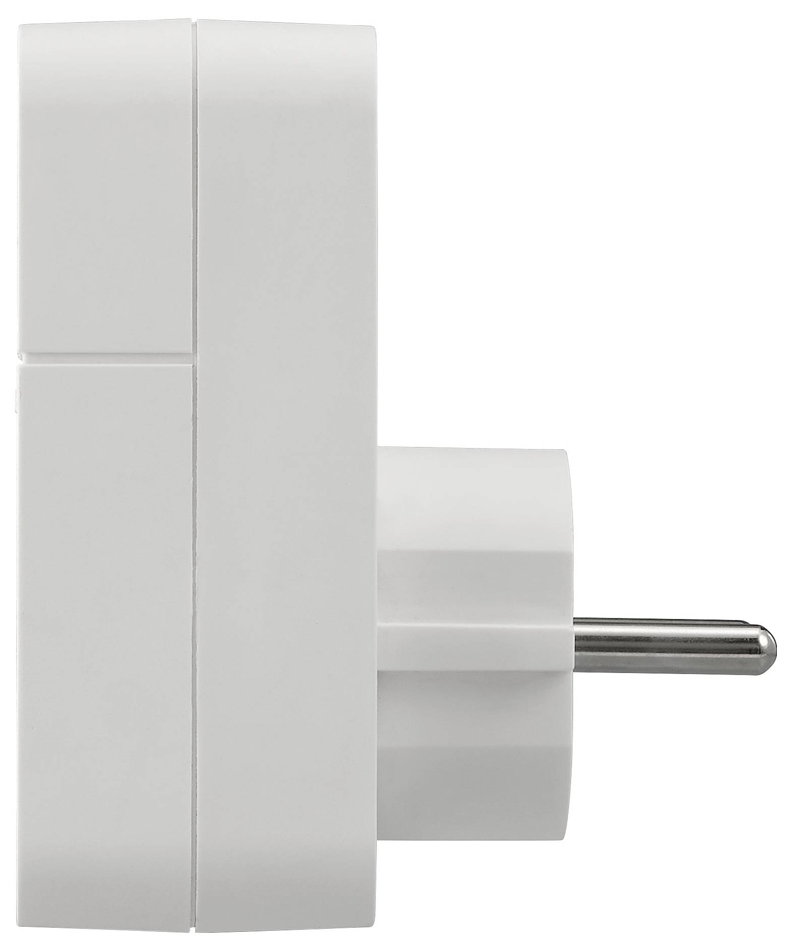 Fehér elektromos dugó adapter vagy tápellátási dugó két lapos panellel és egy kerek fém szöggel, egyszerű háttéren megjelenítve.