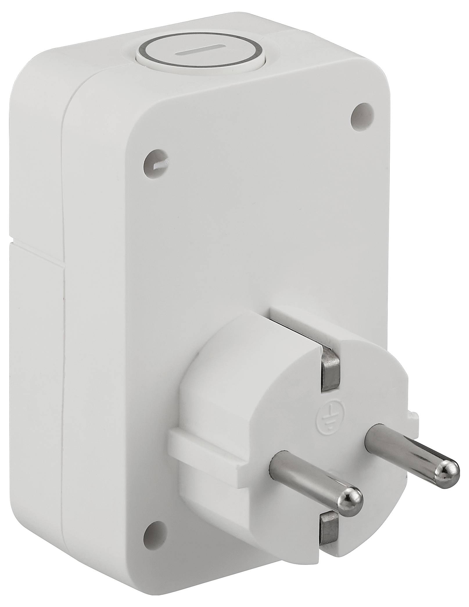 Fehér bemenetes elektromos eszköz európai stílusú kétpólusú csatlakozóval és felső tárcsával, valószínűleg időzítő vagy adapter.