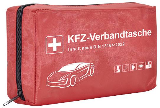 Egy piros mentődoboz gépjárművekbe (KFZ-Verbandtasche) címkével, a DIN 13164:2022 szabvány szerint, fehér kereszttel és ikonokkal ellátva.