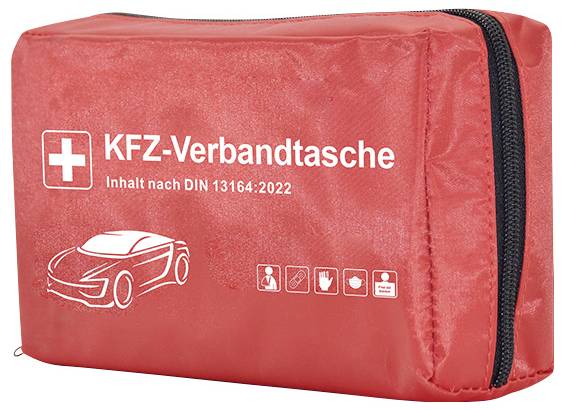 Piros autós elsősegélykészlet cipzárral, '<br>KFZ-Verbandtasche' felirattal, a DIN 13164:2022 szabvány szerint, a tartalmi elemek ikonjainak feltüntetésével.