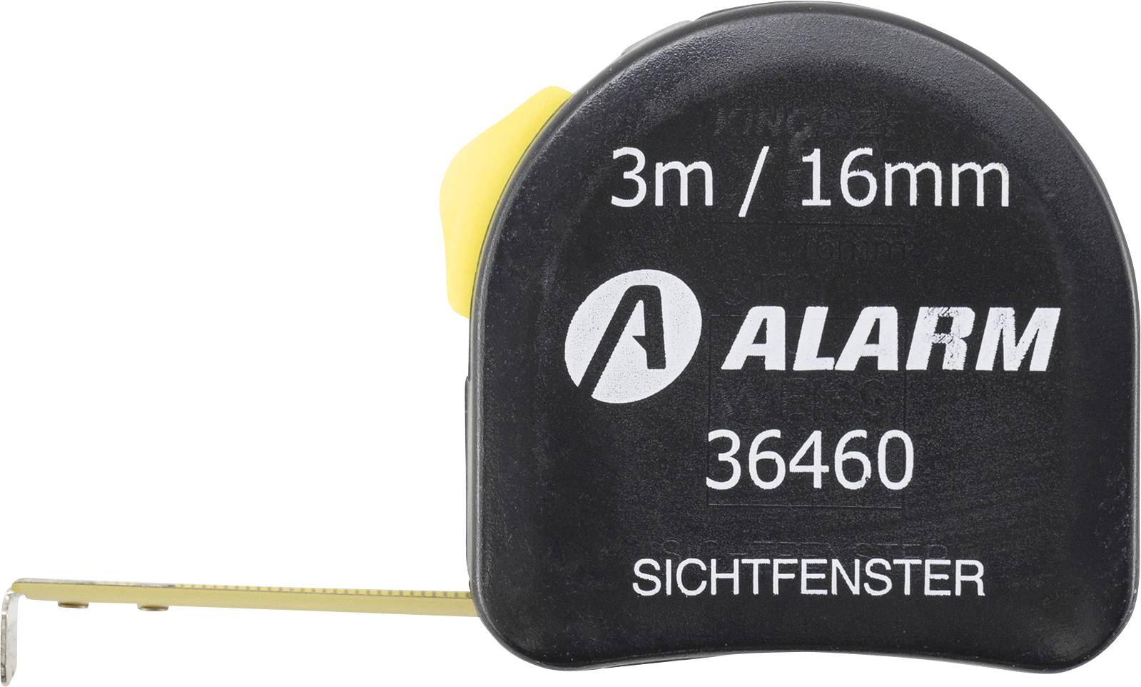 Egy fekete mérőszalag sárga díszítéssel, '3m/16mm ALARM 36460 SICHTFENSTER' felirattal, félig kihúzva, láthatóvá téve a fém mérőszalagot.