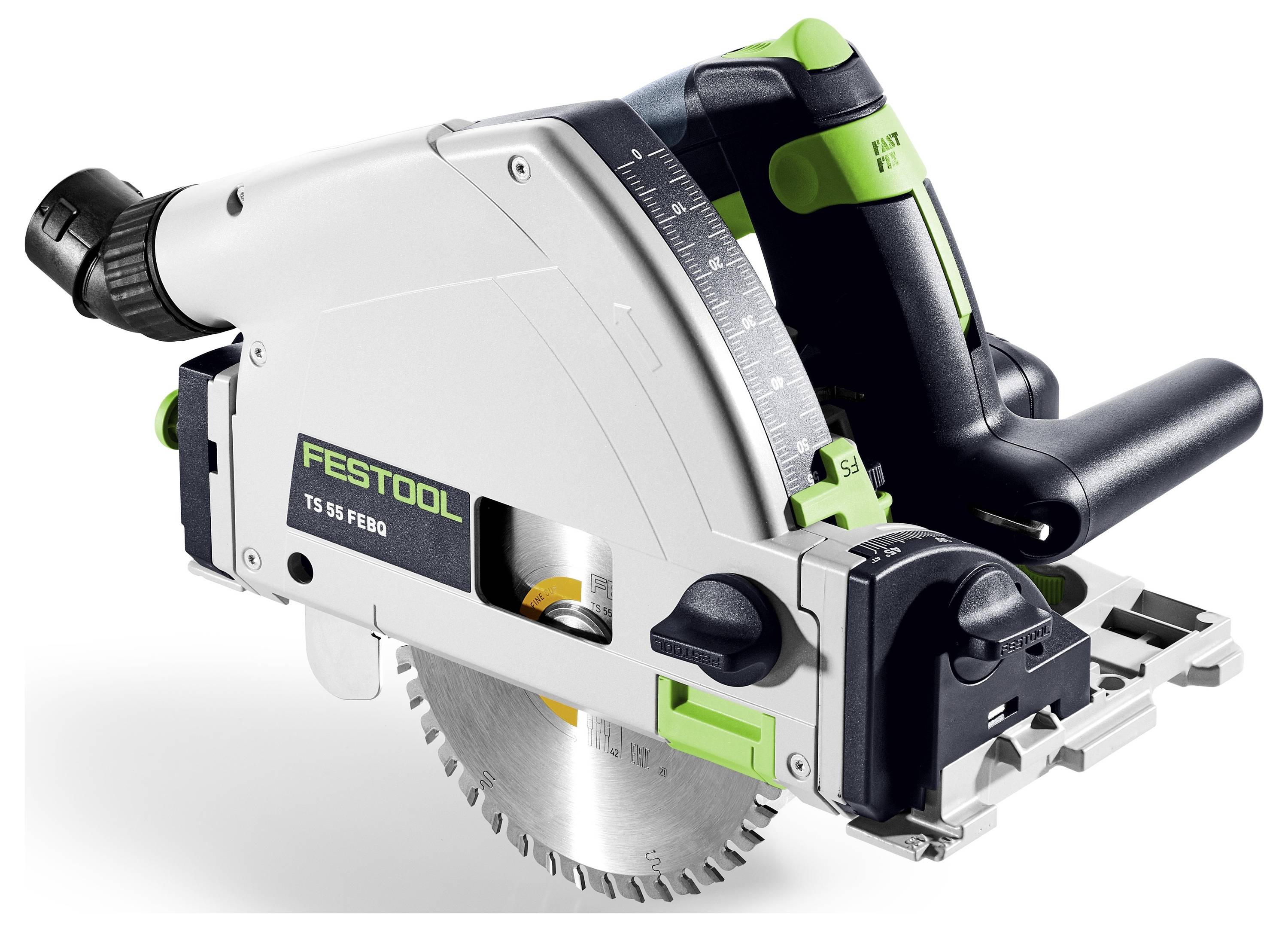 A Festool TS 55 FEBQ vezetősín-fűrész körfűrésszel, dőlésszögű vezetővel és ergonomikus fogantyúkkal, precíziós faipari vágásra tervezve.