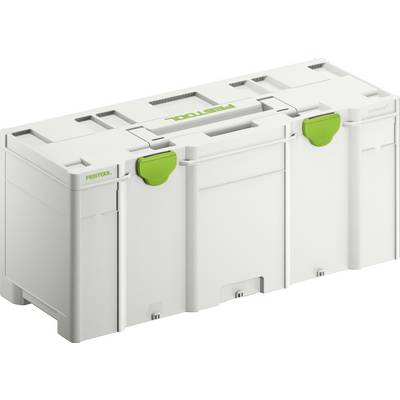 Egy fehér Festool szerszámosláda zöld reteszekkel és a tetején 'FESTOOL' felirattal, amelyet szerszámok rendszerezésére és szállítására használnak.