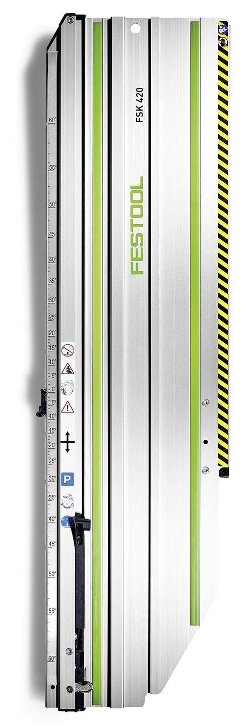 Festool FS-KP vezetősín mérőjelölésekkel, csúszásgátló csíkokkal és zöld logóval. Precíziós vágásokhoz használható asztalos munkálatokban.