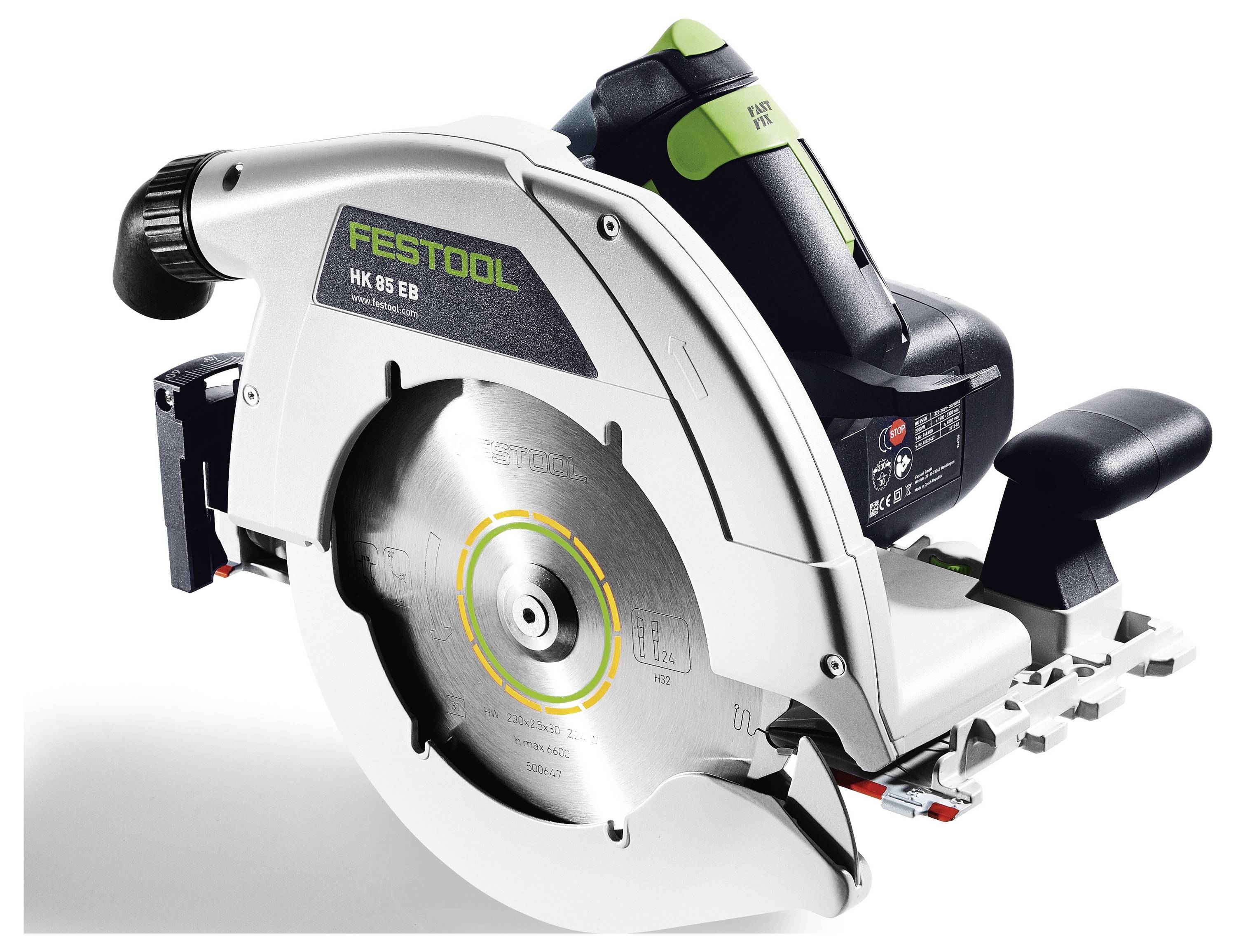 Egy szürke és fekete dizájnú körfűrész, amelynek az oldalán a 'Festool' márkanév látható, éles fémlapáttal és ergonomikus markolattal.
