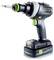 Egy zsinór nélküli akkumulátoros fúrógép elegáns dizájnnal és zöld részletekkel, felcímkézett gombbal, akkumulátor-állapotjelzővel és a 'Festool' márkanévvel.