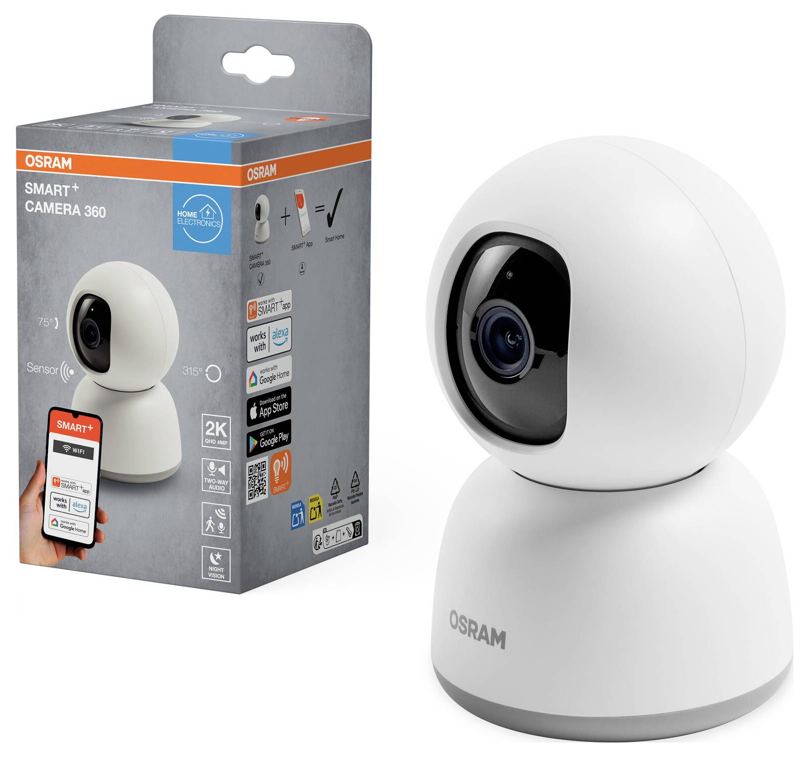 Az 'OSRAM Smart+ Camera 360' csomag, amely bemutatja a terméket és funkcióit, például a 2K felbontást és a mesterséges intelligenciás követést, egy kamera képével együtt.