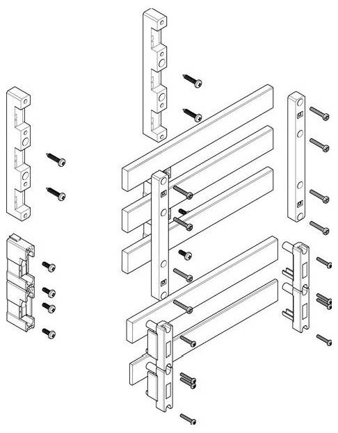 Egy szétszerelt diagram egy fa váz szerelvényről, négy függőleges rúddal, két oldallappal és a csatlakoztatáshoz szükséges csavarokkal.