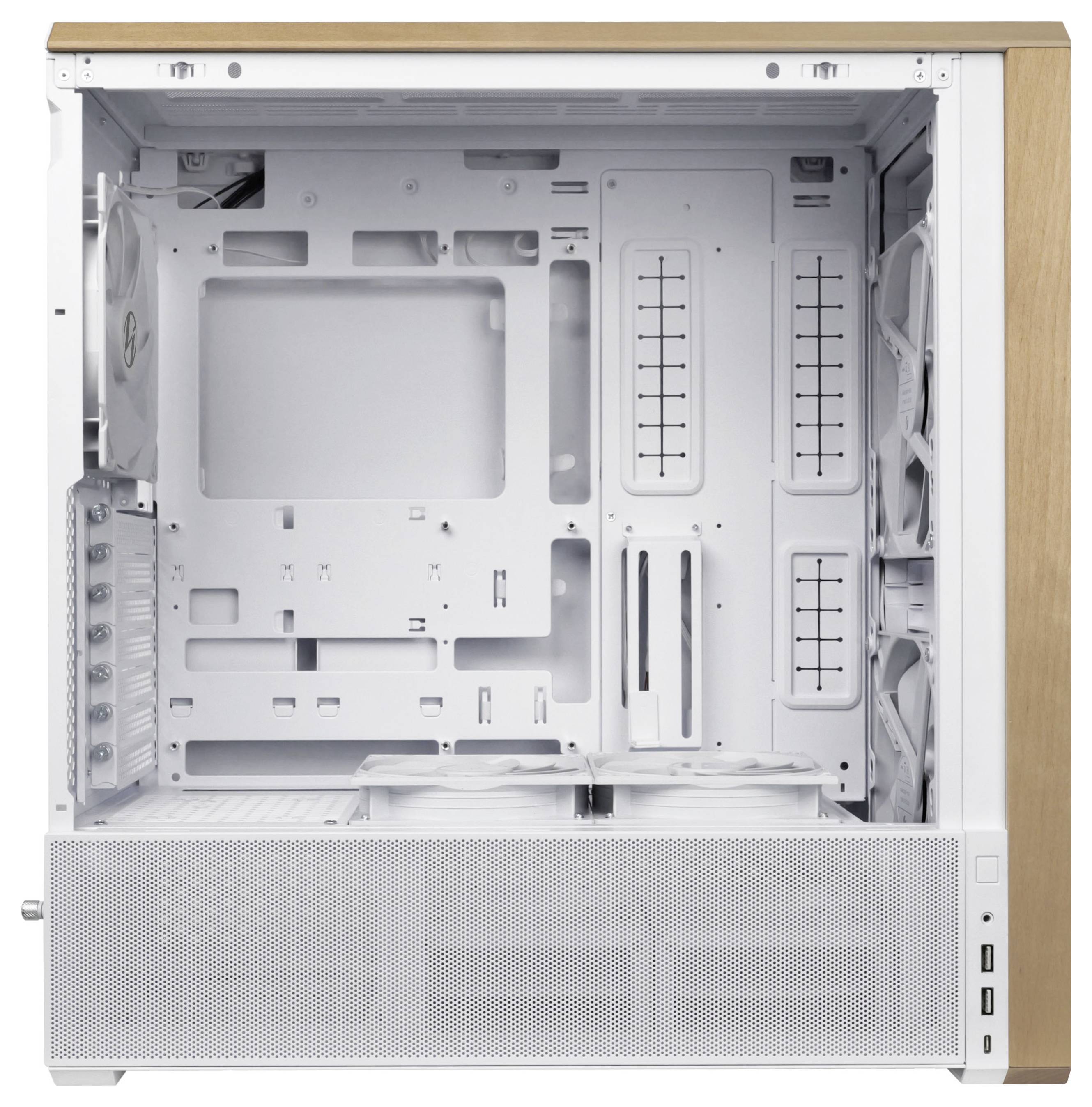 Fehér számítógépház fa díszítéssel és hálós panellel, tágas belső térrel, kábelrendező megoldásokkal és ventilátortartó helyekkel.