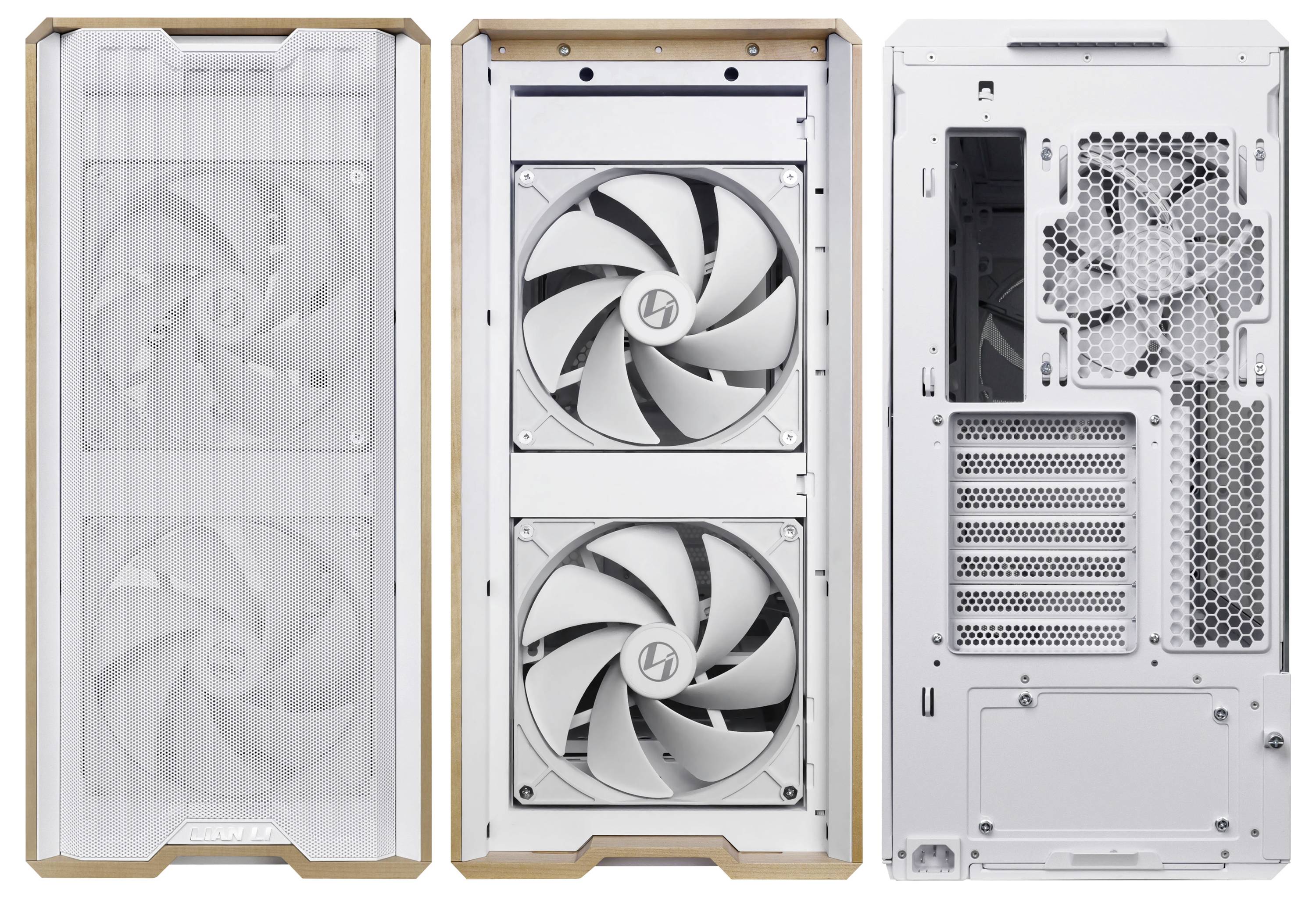 Egy számítógépház három nézetből: elölről két nagy ventilátorral, oldalról a szellőzőrács kiemelésével, hátulról pedig a bővítőhelyek és portok megjelenítésével.