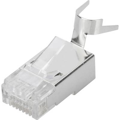 RJ45 csatlakozó fémvédőburkolattal ethernet kábelekhez, műanyag retesszel és fém kampóval a hálózati eszközökben történő biztonságos csatlakoztatáshoz.