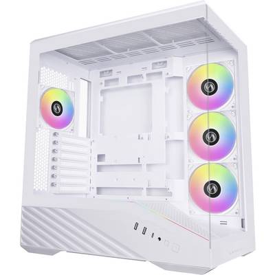 Egy karcsú fehér számítógépház három elülső RGB ventilátorral és egy átlátszó oldalsó panellel, amely különböző belső rögzítési pontokat mutat.