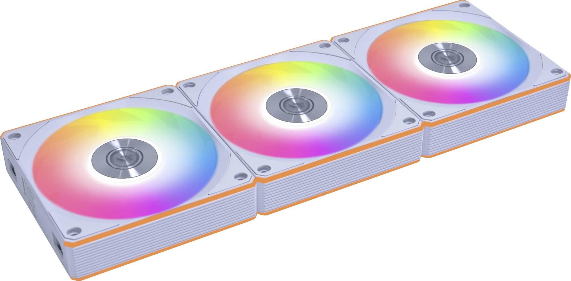 Három RGB számítógépes hűtőventilátor, amelyek sorban vannak elhelyezve, élénk színskálát megjelenítve, modern és elegáns kialakítással.