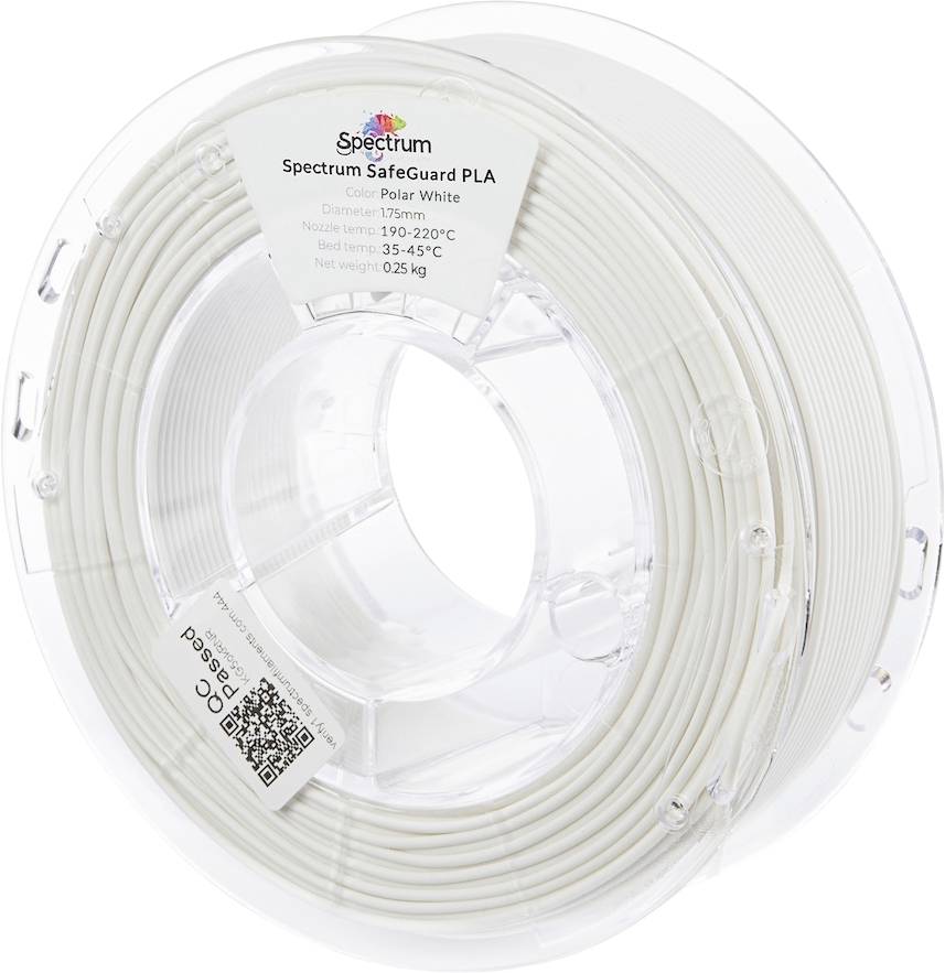 Egy tekercs Spectrum SafeGuard PLA 3D nyomtatási filament poláris fehér színben, amelyen címkék mutatják a specifikációkat, mint például az átmérő, a fúvóka és az ágy hőmérséklete.