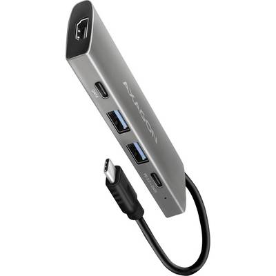 Egy kompakt USB-C elosztó több csatlakozóval, beleértve HDMI, USB-A és USB-C portokat, amelynek fémházán az 'AXAGON' márkanév látható.