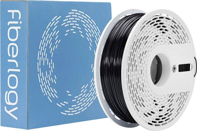 Egy tekercs fekete 3D nyomtatószál egy kék doboz mellett, amelyen a 'Fiberlogy' felirat látható.