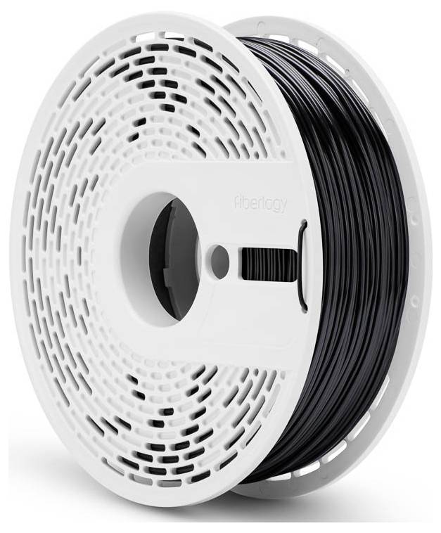 Egy fehér tekercs, amelyen fekete 3D nyomtatószál található, és amelyen a 'Fiberlogy' felirat olvasható, egy egyszínű háttér előtt.