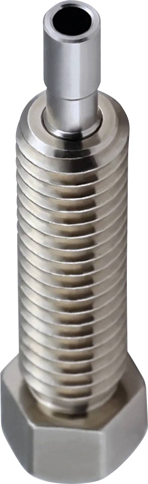 Fémes, menettel ellátott hengeres alkatrész hatszögletű alappal és felső részén kinyúló csővel, amelyet jellemzően mechanikai szerelvényekben használnak.