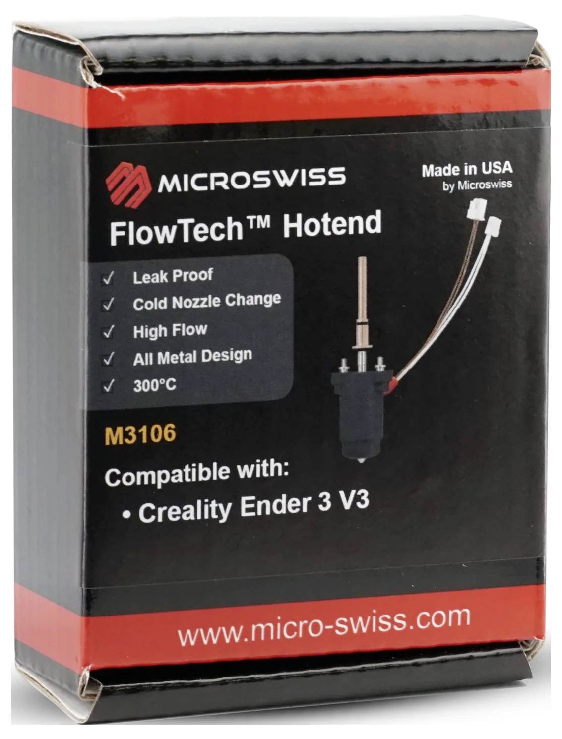 'MicroSwiss FlowTech™ Hotend' doboz, amely egy képet mutat a hotendről, főbb jellemzőkről és kompatibilitásról a Creality Ender 3 V3 nyomtatóval.