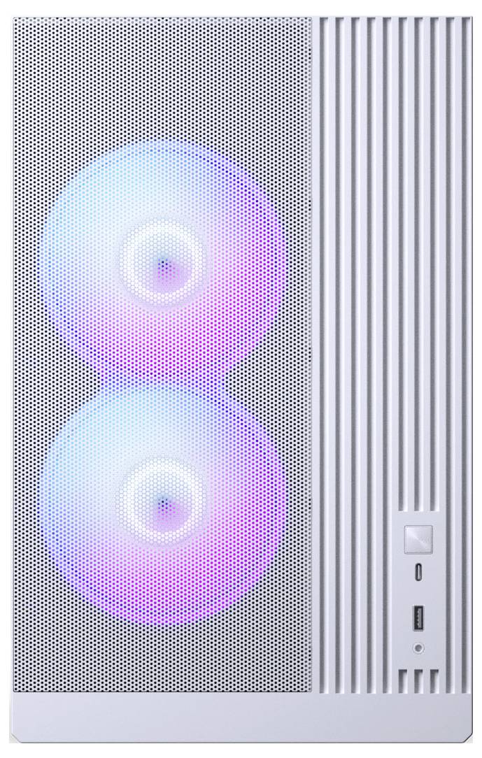 Egy fehér számítógépház két nagy, előrefelé néző ventilátorral, amelyeket színes RGB fények világítanak meg, elülső paneljén tápellátás és USB-csatlakozókkal.