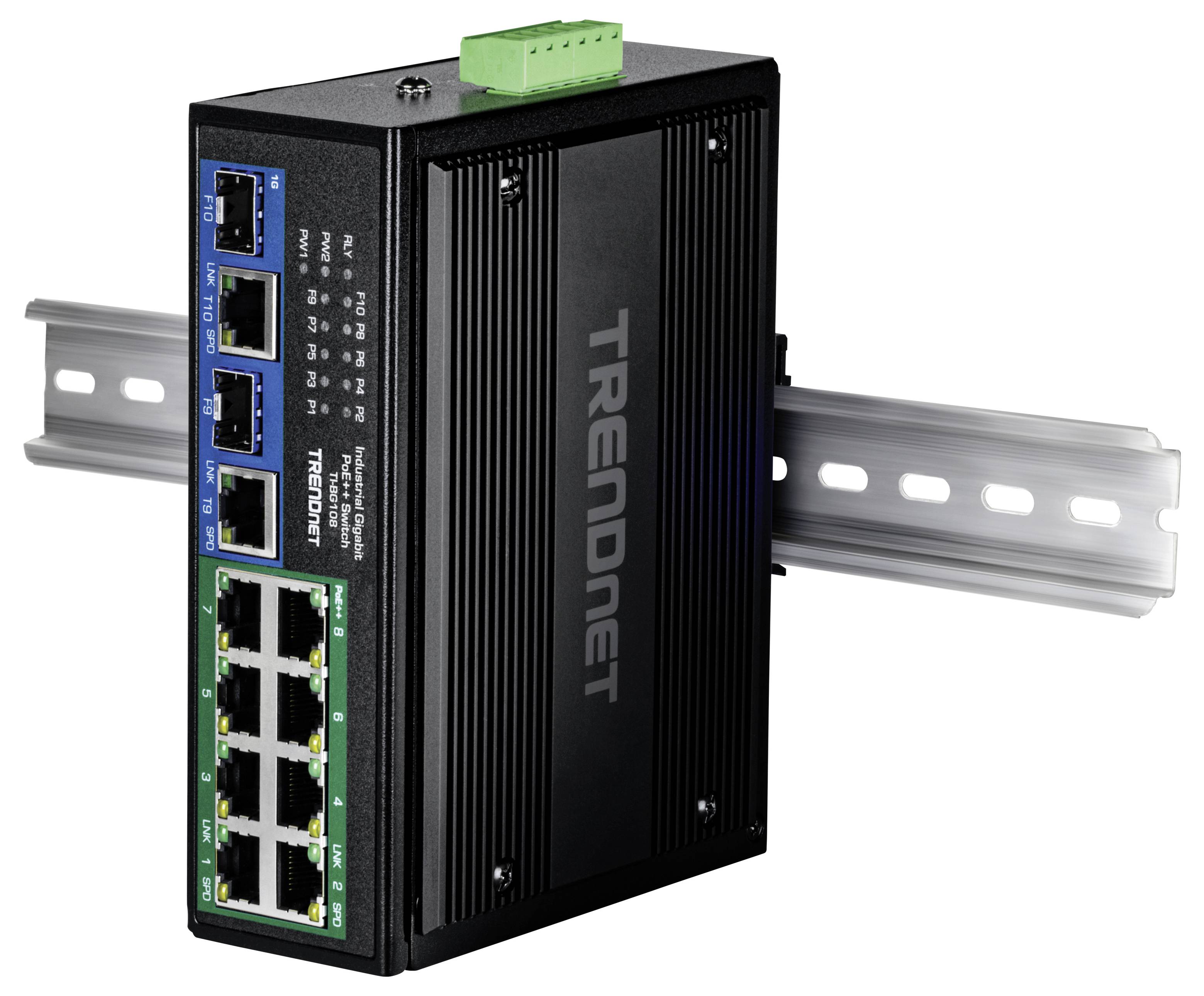 Egy fekete, falra szerelhető TRENDnet ipari hálózati kapcsoló 10 porttal, amely magában foglalja a optikai és Ethernet csatlakozásokat, és alkalmas kemény ipari környezetekhez.