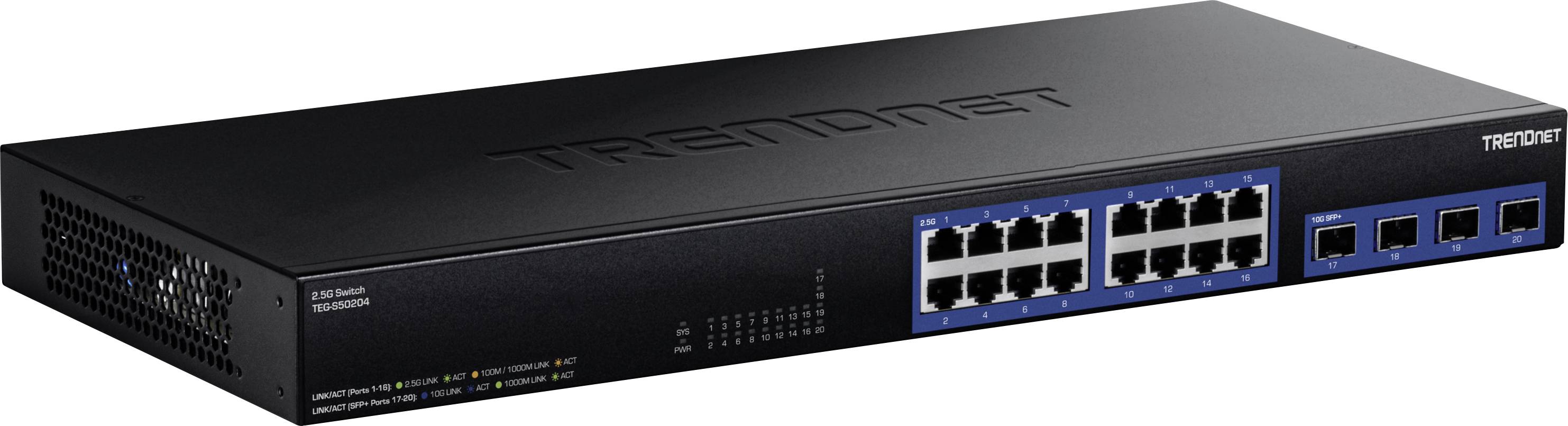 Hálózati kapcsoló tizenhat Ethernet porttal és négy optikai csatlakozással az előlapján. A márkanév látható a tetején.