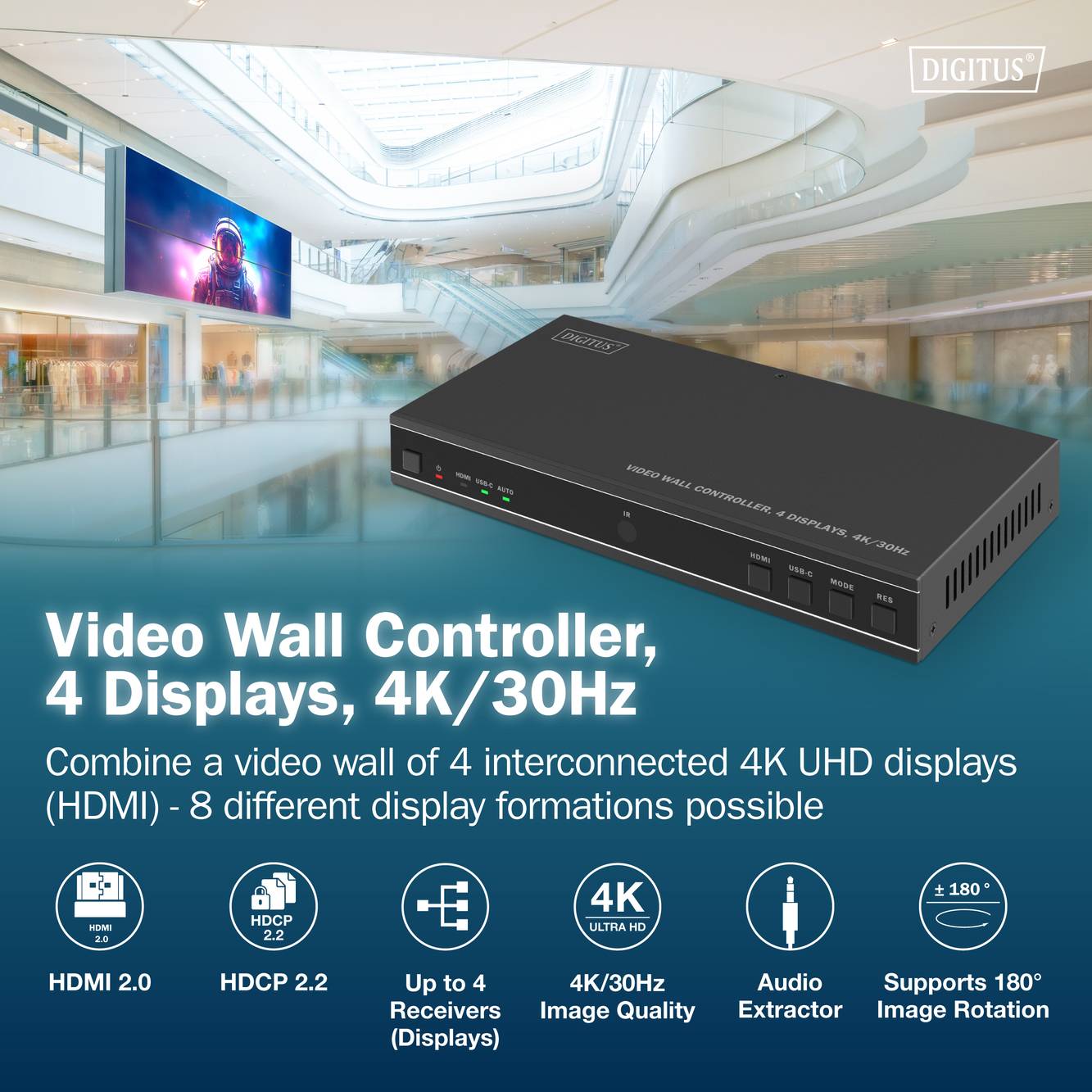 Videofal vezérlő, amely 4 összekapcsolt 4K UHD kijelzőt támogat. Jellemzői közé tartozik a HDMI, HDCP 2.2, 4K/30Hz képfrissítés, audiokivonatoló és 180 fokos képforgatás.
