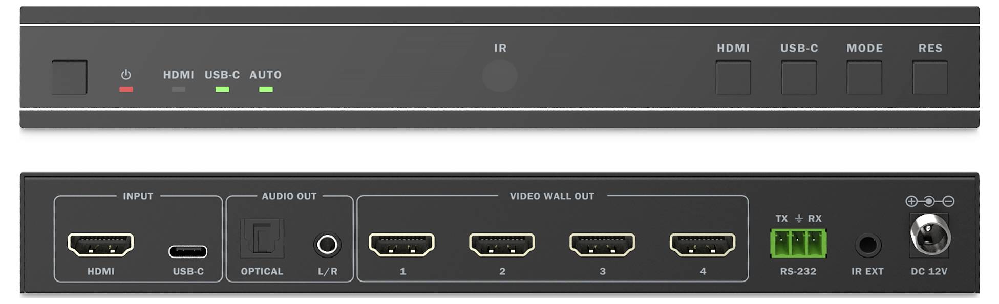 HDMI és USB-C kapcsoló 'AUTO' móddal, 'MODE' és 'RES' gombokkal. Elülső jelzőfények; hátoldali csatlakozók között HDMI, USB-C, optikai, audio kimenet és RS-232.