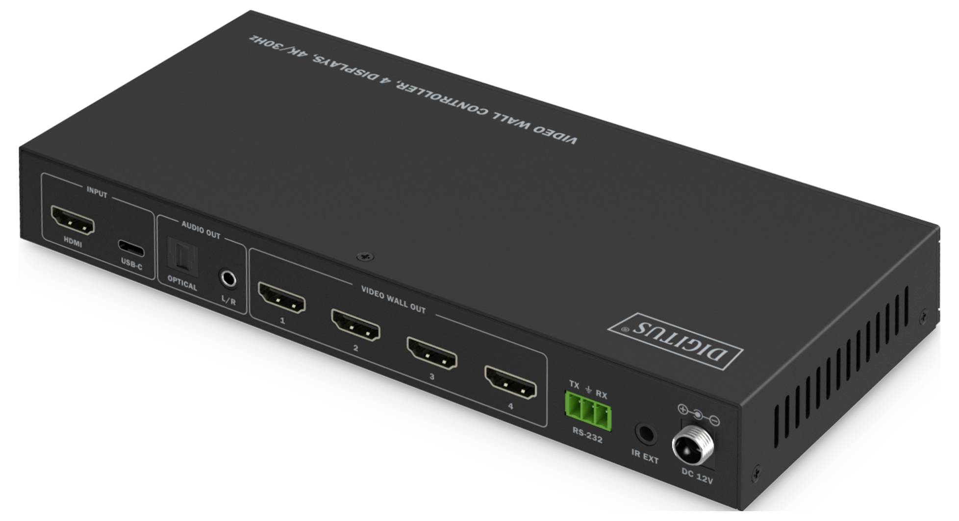 Egy fekete videófal vezérlő több HDMI porttal, amelyen a 'DigiTUS' felirat szerepel. Támogatja a 4K videót, oldalán táp- és bővítő portokkal.