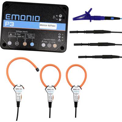 Elektromos eszköz telepítése az 'EMONIO P3' egységgel, feszültség és áram bemenetek láthatók, három MRC-50 érzékelő narancssárga hurkokkal és csatlakozó kábelekkel.