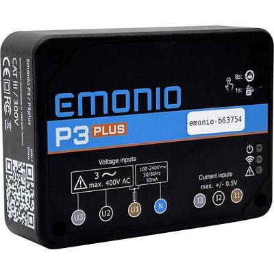 Az 'EMONIO P3 PLUS' eszköz, modellszáma emonio-b63754. Feszültségbemeneti specifikációkat és csatlakozóportokat jelenít meg az első panelen.