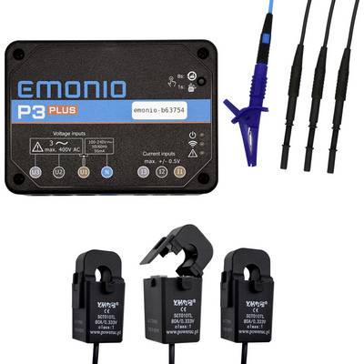 'EMONIO P3 Plus' energiamonitorozó eszköz színkódolt feszültségbemenetek, LCD kijelző és három áramátalakító transzformátor klipsz.