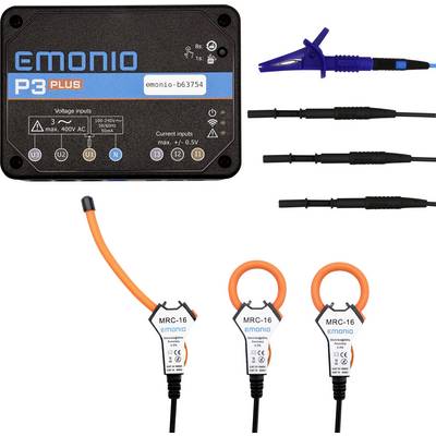 'Emonio P3 Plus' energiaanalizátor kábelekkel és csatlakozókkal feszültségméréshez, három MRC-16 fogóval és egy kék mérővezetékkel.