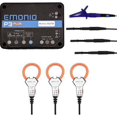 Elektromos mérőeszköz 'Emonio P3 plus' fogókkal és mérővezetékekkel feszültség és áram ellenőrzéséhez, tartozékokkal együtt ábrázolva.
