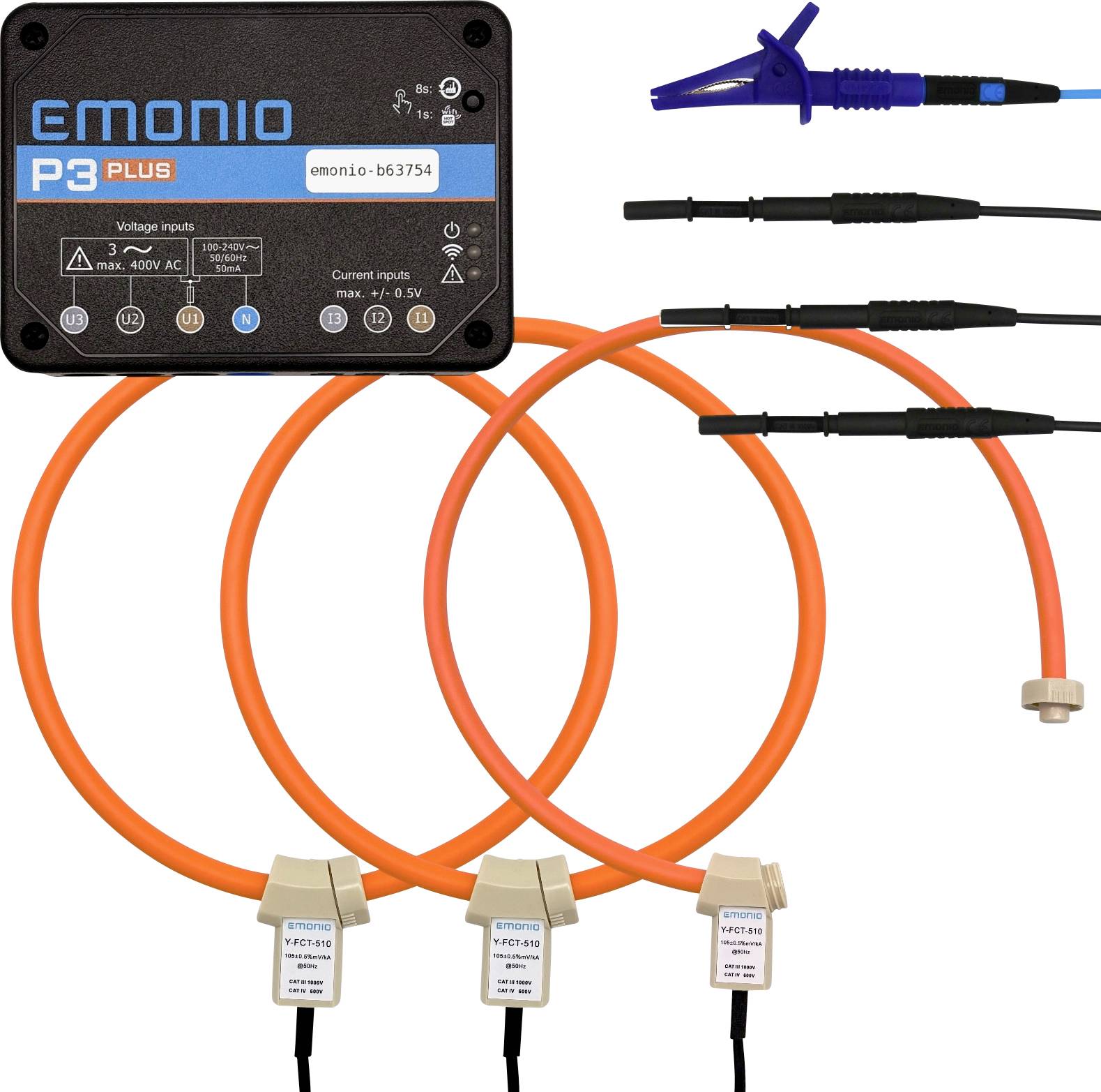 A Emonio P3 Plus energiamérő feszültségbemenetekkel és áramhurkokkal rendelkezik. Csatlakozókkal van ellátva az elektromos fogyasztás hatékony nyomon követéséhez.