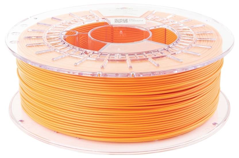 Egy tekercs narancssárga 3D nyomtatószál átlátszó műanyag orsón, amely alkalmas különféle 3D nyomtatási projektek kivitelezéséhez.