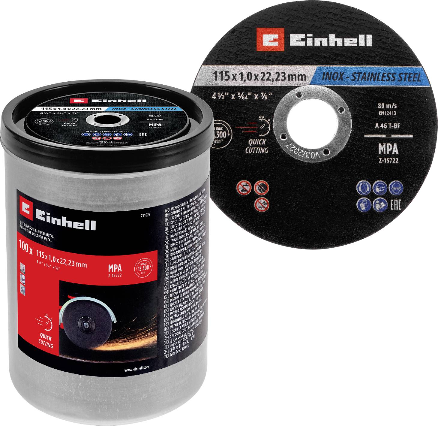 Einhell 711527 711527 Vágótárcsa készlet 115 mm 100 db Fém, Nemesacél, Acél, Lemez