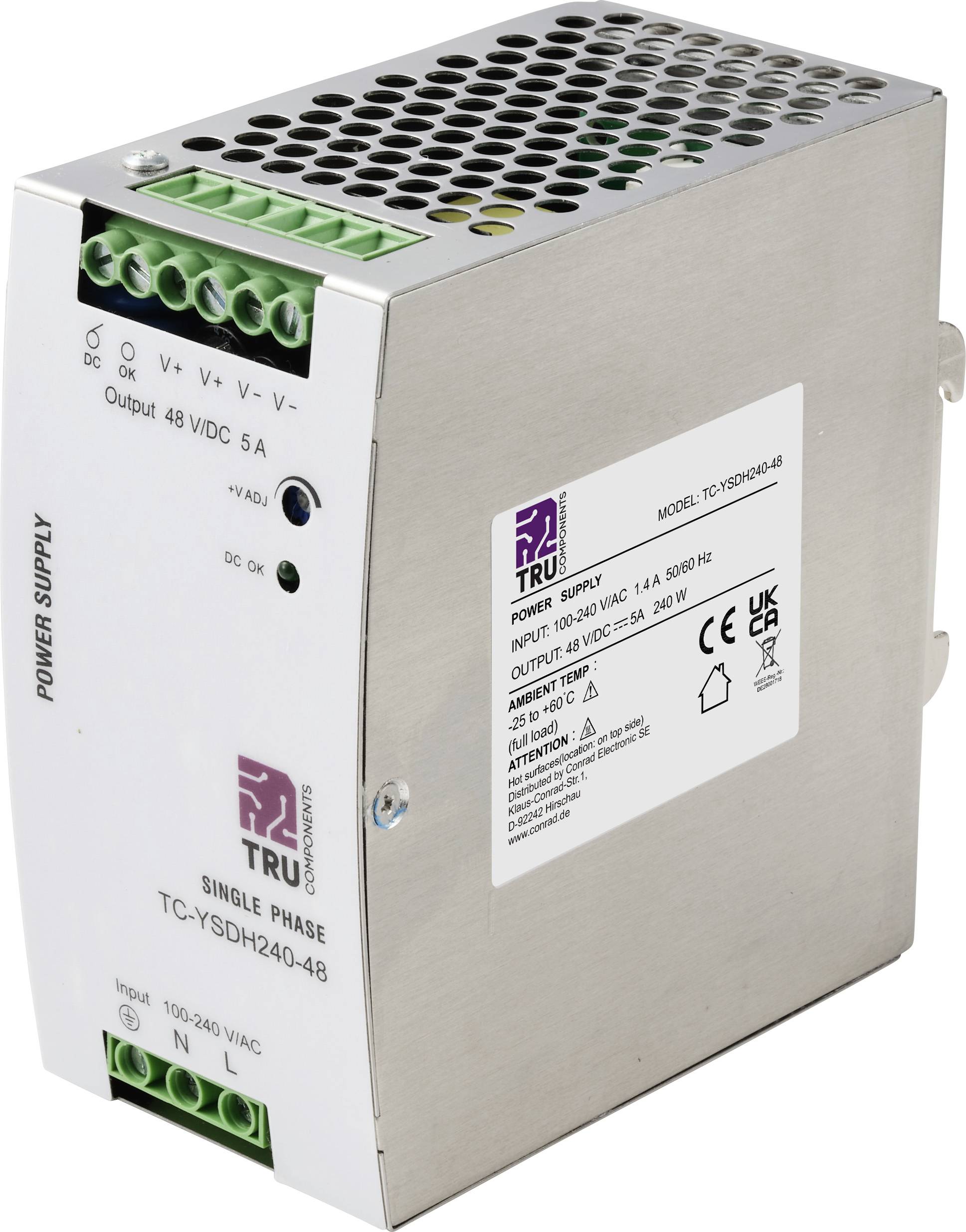 A TRU Components által jelölt, „TC-YSDH240-48" modellszámú téglalap alakú egyfázisú tápegység 48VDC kimenetet biztosít.