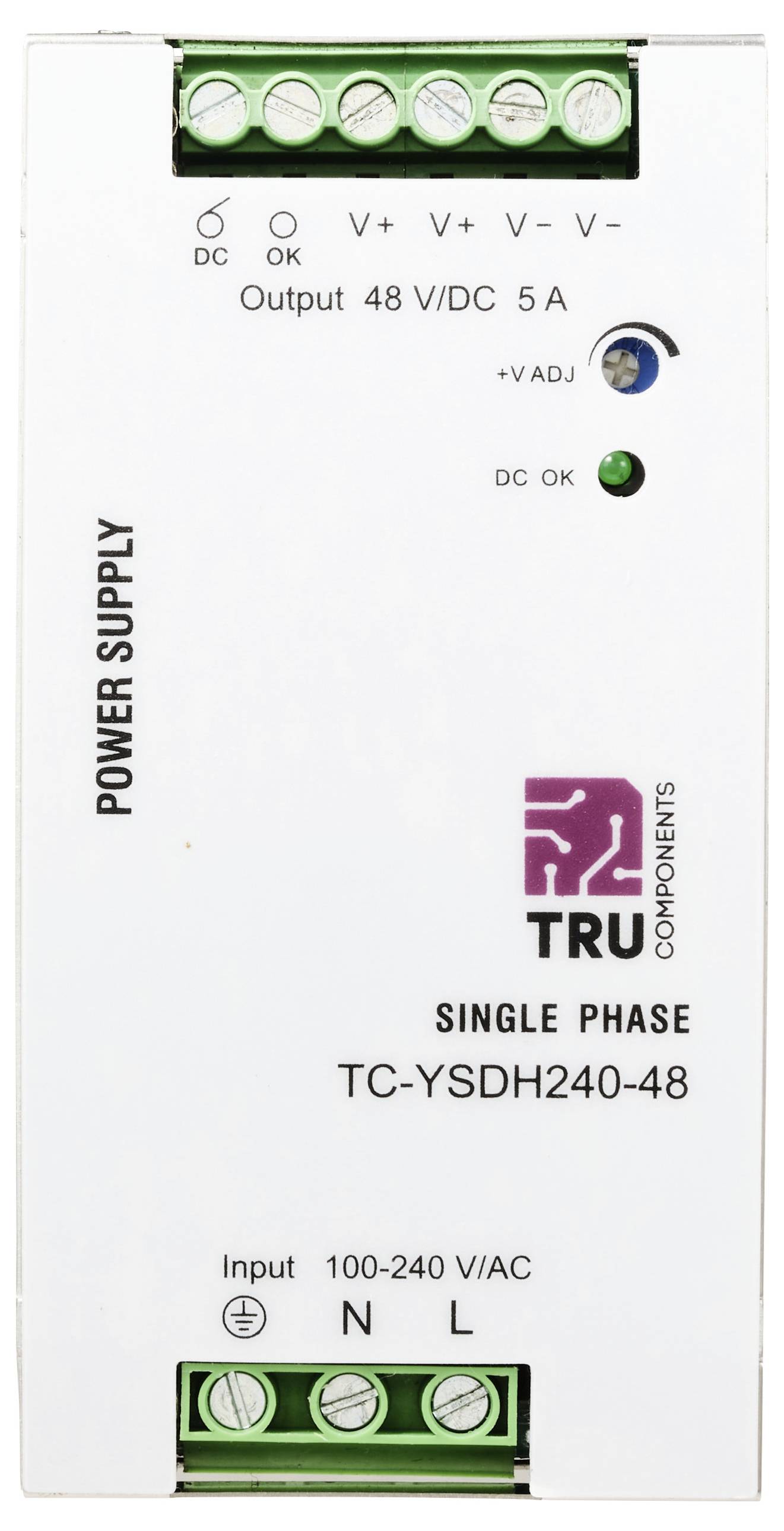 "TC-YSDH240-48" egyfázisú tápegység, kimenet: 48 V/DC, 5 A, bemenet: 100-240 V/AC. Márka: TRU Components.