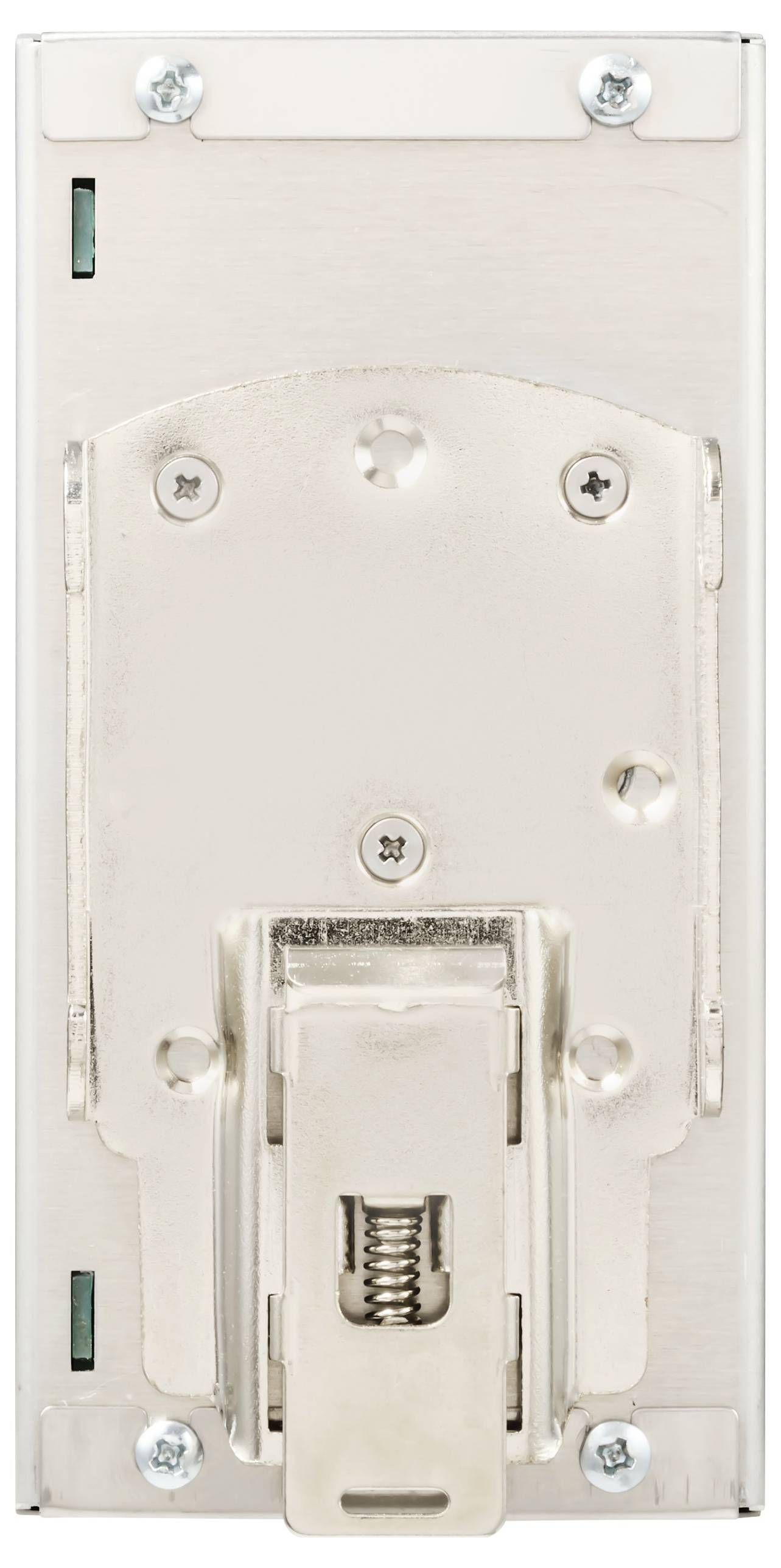 Egy fém téglalap alakú elektromos falkapcsoló fedlap, hátulról nézve, amely csavarokat, egy rögzítési konzolt és egy központi rugószerkezetet mutat.