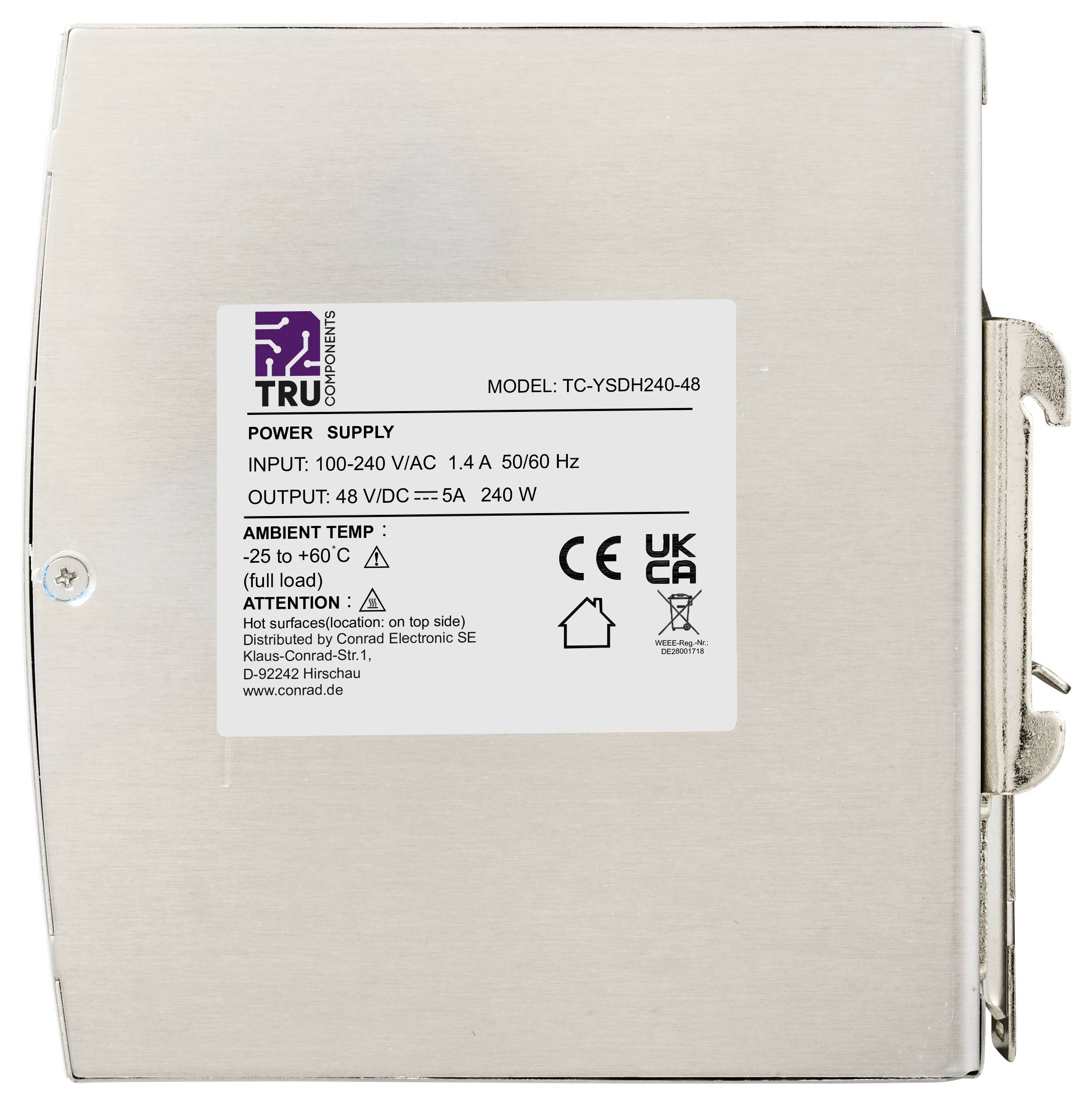 Fém tápegység, amely a "TRU COMPONENTS" felirattal van ellátva, és amely olyan specifikációkat tartalmaz, mint a bemeneti, kimeneti, környezeti hőmérséklet és biztonsági ikonok.