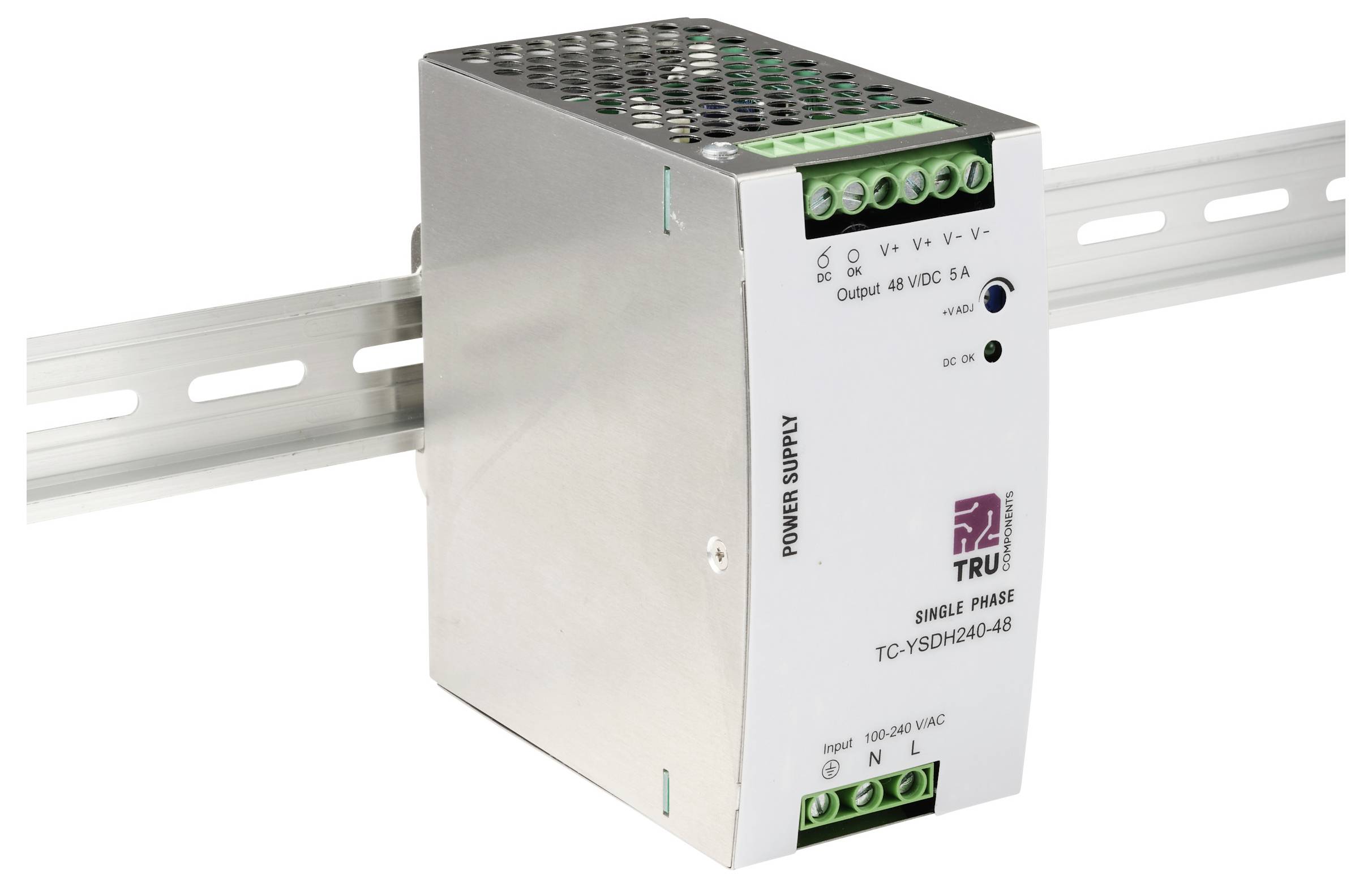 Sínre szerelt egyfázisú tápegység, 100-240 VAC bemeneti és 24 VDC 5A kimeneti feszültséggel, TRU gyártmány jelöléssel.