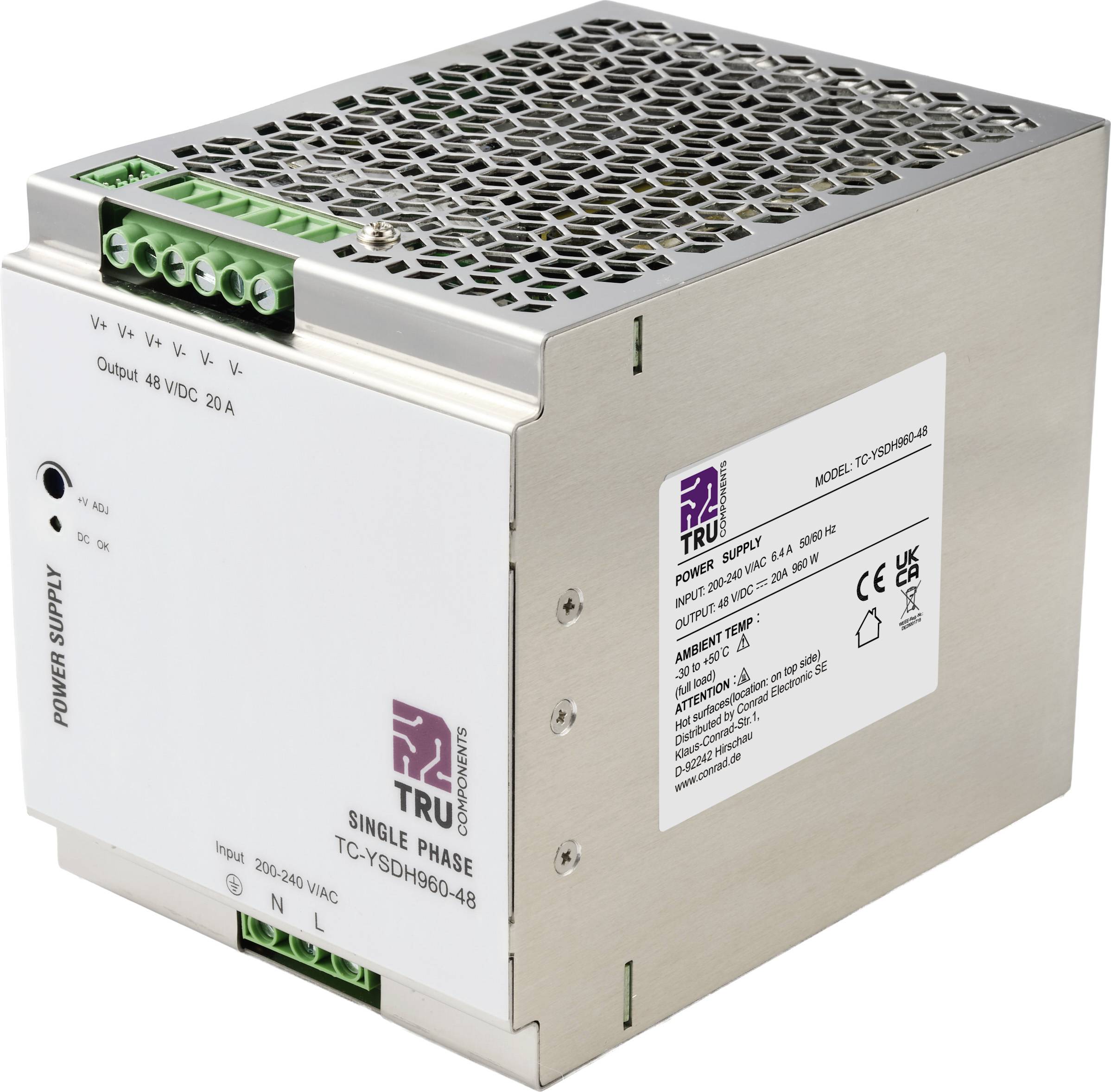 Egy téglalap alakú fém tápegység szellőzési ráccsal és több csatlakozási kapoccsal, amelyen a "Kimenet: 48V DC 20A" felirat látható.