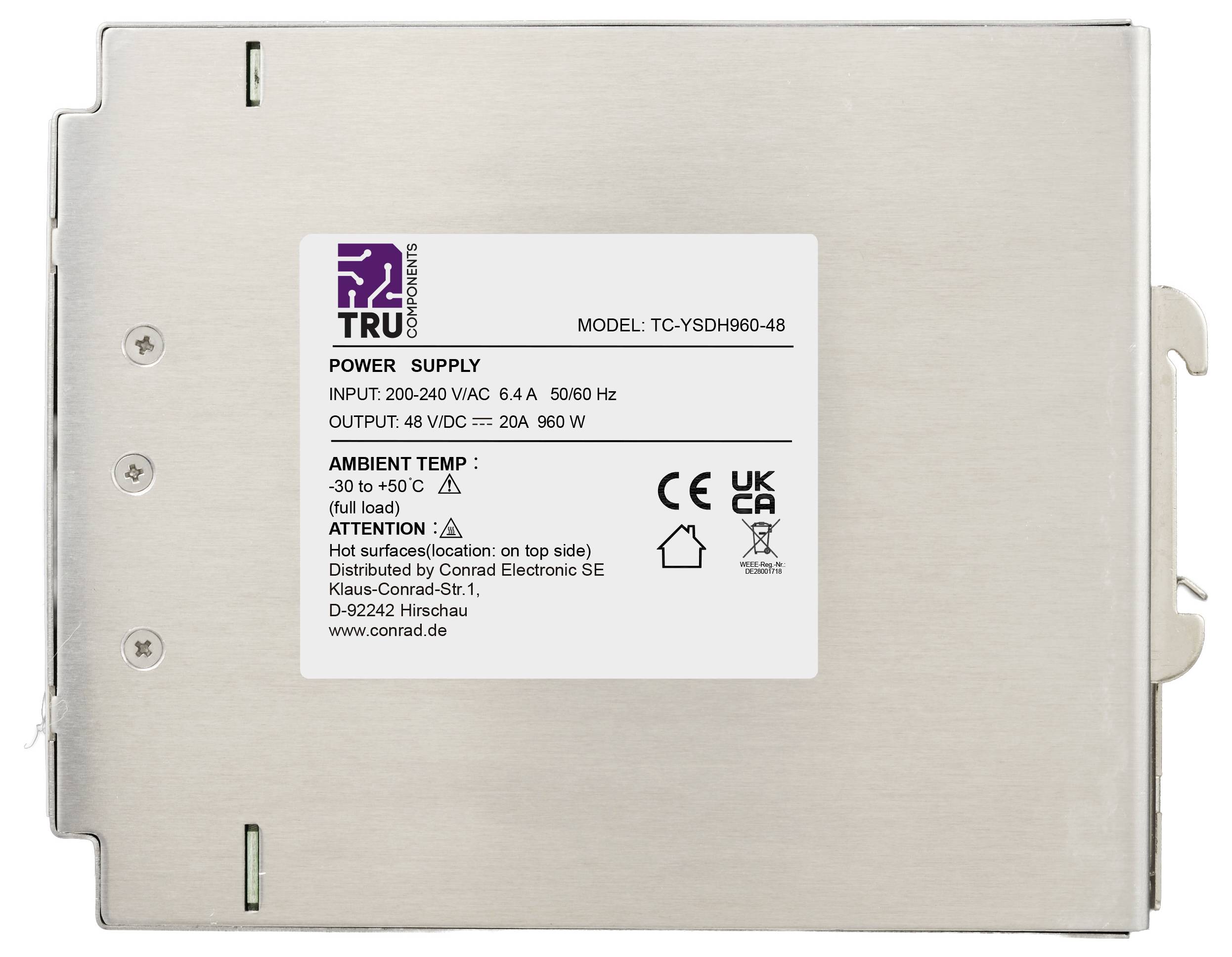 A "TRU COMPONENTS" márkajelzésű tápegység, TC-YSDH960-48 modell. Bemenet: 200-240 VAC, 6,4 A, 50/60 Hz. Kimenet: 48 VDC, 20 A, 960 W. Környezeti hőmérséklet: -30 és +50°C között.