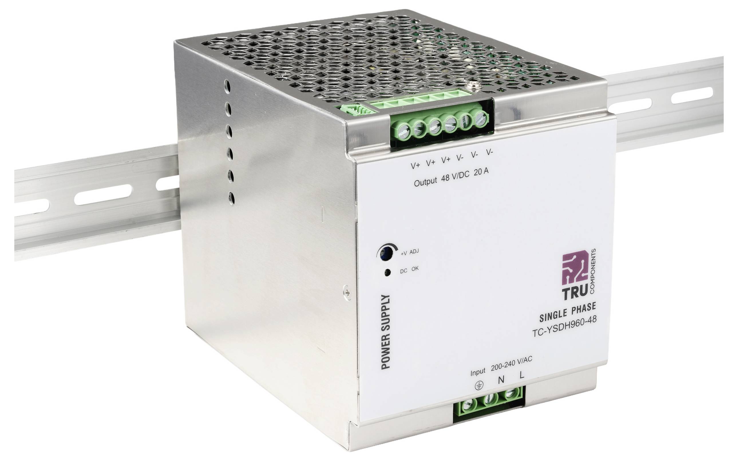 Egyfázisú tápegység sínen rögzített, melyen a következő felirat látható: "Kimenet: 48 VDC, 20A". Ezüst burkolat perforált tetővel és csatlakozó kapcsokkal.