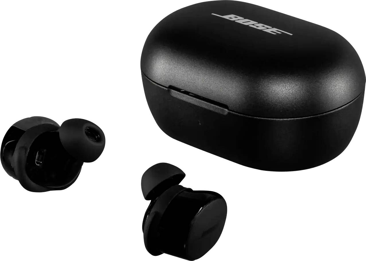 Bose vezeték nélküli fülhallgató és töltőtok fekete színben, kompakt és elegáns kialakítással, amely tökéletes a mobil zenehallgatási élményekhez.